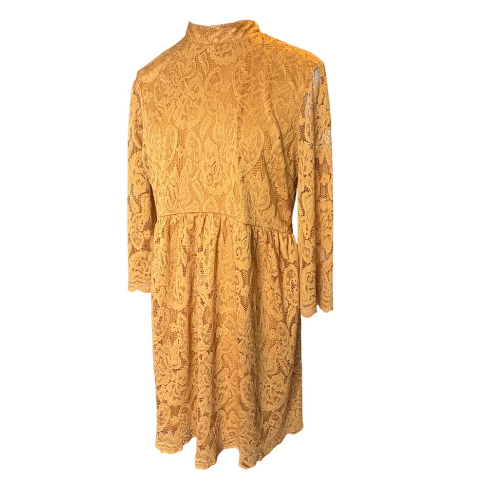 Mustard Yellow Lace Mock Neck Bell Sleeve A Line Dress XL Hippy  Empire‎ Waist